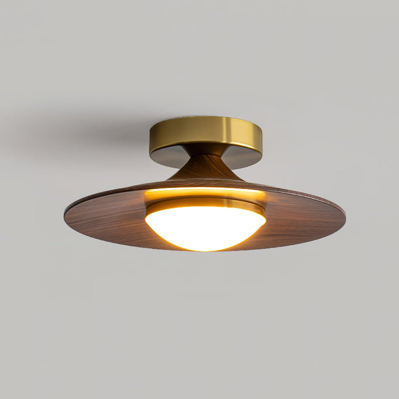 Flush Mount Light Fixture with Wood Accent 9 in Diameter LED for Kitchen Dining Room Entryway Hallway Low Profile Gold Metal Frame Walnut Fi | Thomler