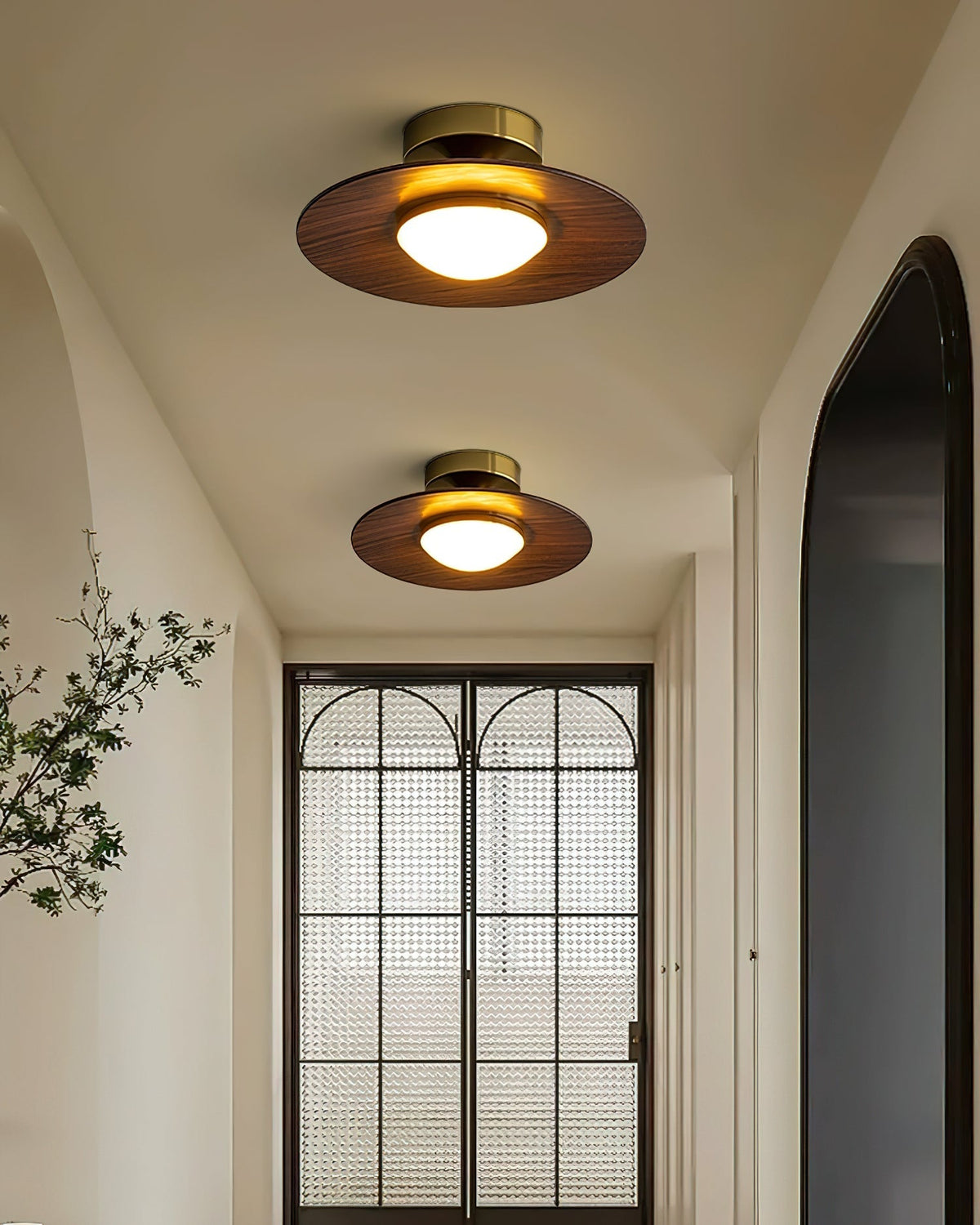 Flush Mount Light Fixture with Wood Accent 9 in Diameter LED for Kitchen Dining Room Entryway Hallway Low Profile Gold Metal Frame Walnut Fi | Thomler