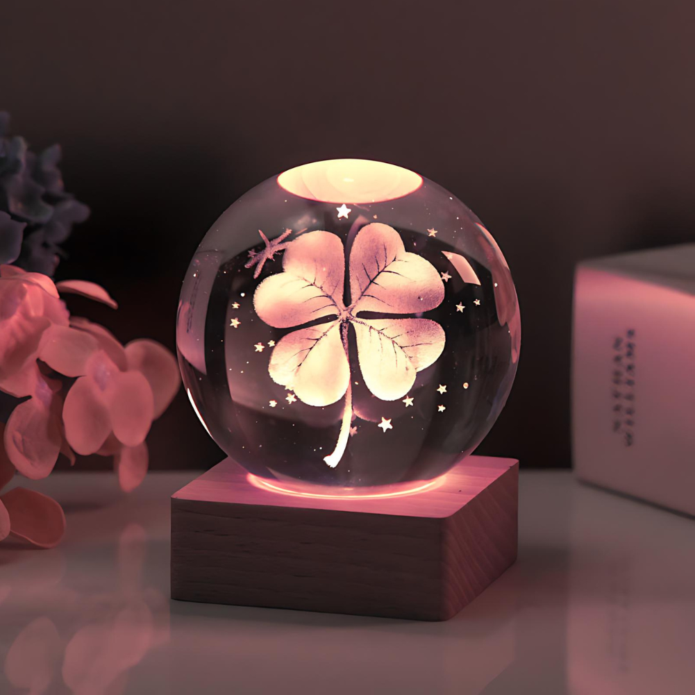 Crystal Sphere LED Nightlight 2.4 in 3D Engraved Accent Lamp Wooden Base USB Powered for Bedroom Office Desk Ambient Glow Decorative Lightin | Thomler