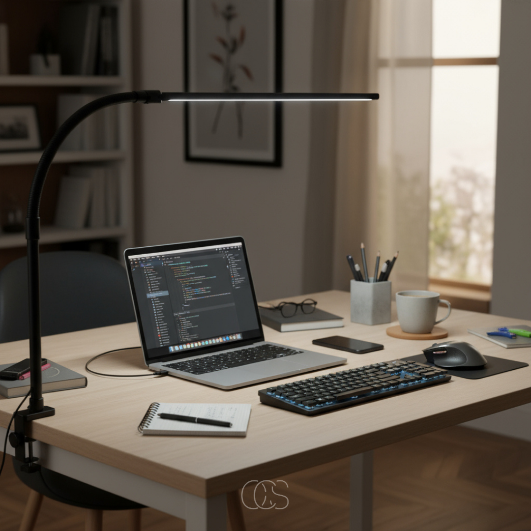 Adjustable Clamp-On Task Light with Gooseneck Arm 38 in Height Dimmable LED Office Reading Lamp Black Iron for Desk Workspace Study Corner | Thomler