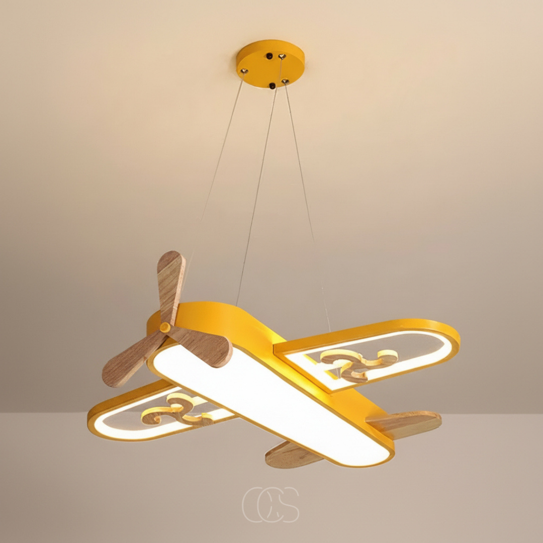 Hanglamp voor kinderkamer in luchtvaartthema 56×51 cm acryl ijzer dimbare led plafondverlichting voor kinderkamer speelkamer geel | Thomler