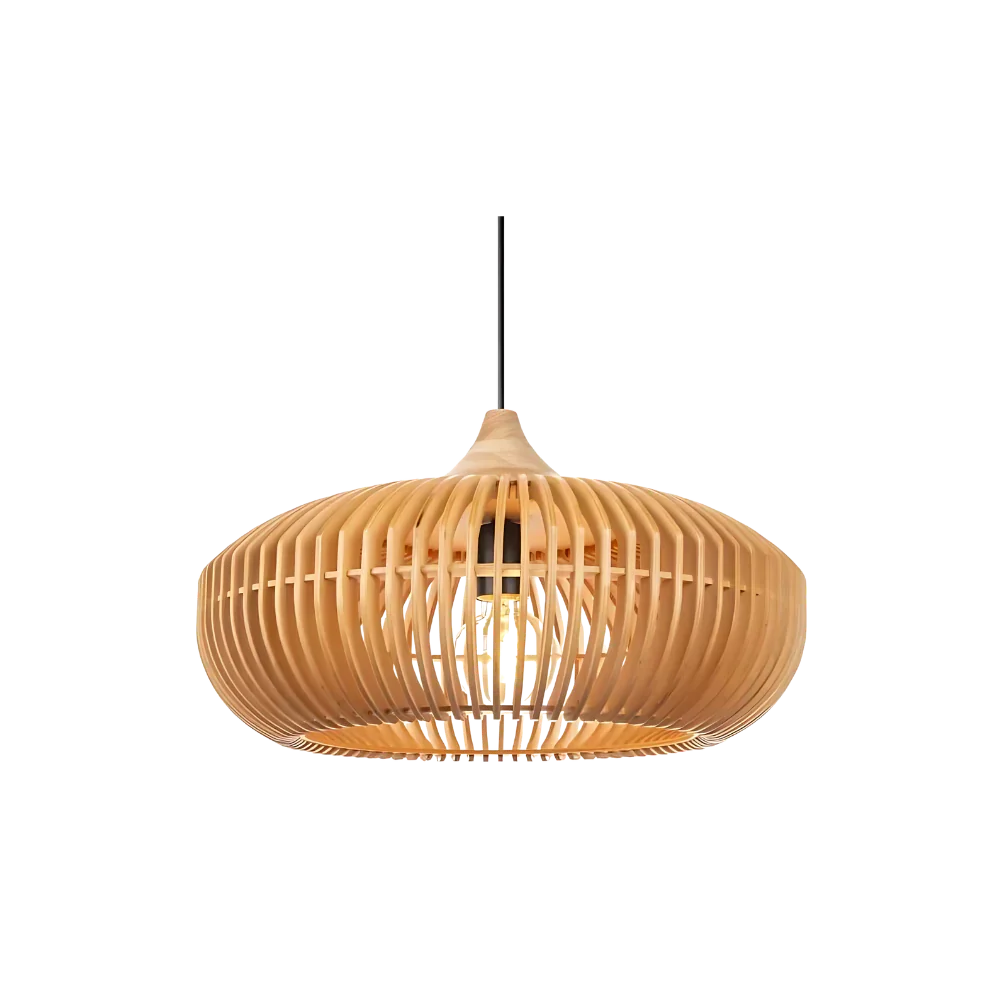 Wood Slat Ceiling Fixture Round Natural 17-Inch Japandi Style Above Table Island Ambient Hanging Light for Dining Kitchen Living Room | Thomler