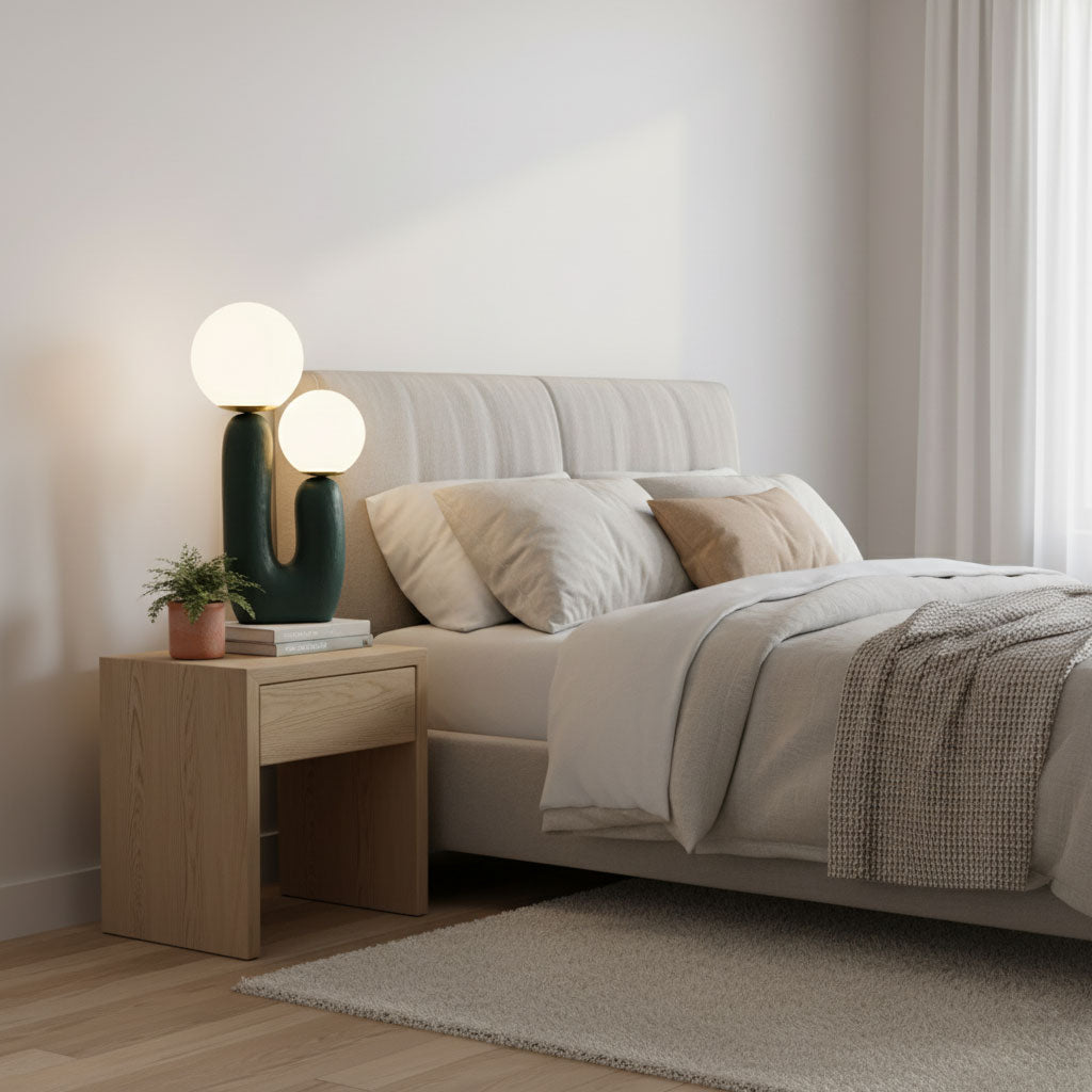 Hedendaagse G9 nachtkastlamp met glazen kap, 25 cm diameter, sculpturale polymeer bureaulamp voor thuiskantoor, slaapkamer, nachtkastje en lezen | Thomler