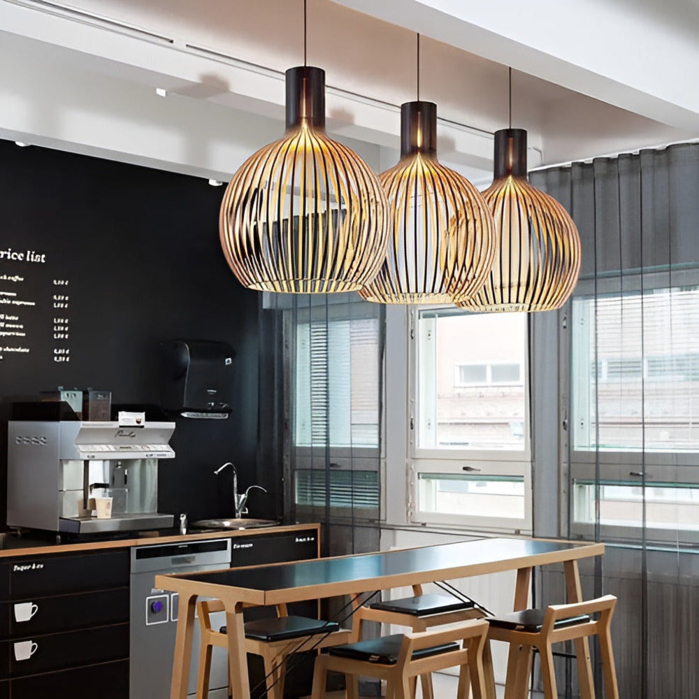 Houten latten hanglamp, E27-fitting, natuurlijke afwerking, kooivormige plafondlamp voor kookeiland, hal, slaapkamer, boerderij, modern rustiek | Thomler