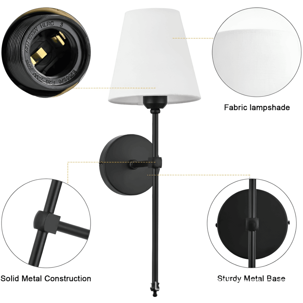 Metal Sconce Pair with Fabric Shades 20 inch Height for Bedroom Hallway Ambient Lighting Bedside Reading Wall Mount Fixtures Soft Diffused G | Thomler
