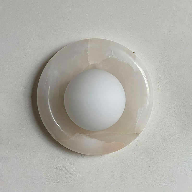 Round Glass Sconce with Natural Stone Backplate – 8-Inch Contemporary Fixture for Entryways, Bedrooms & Corridors