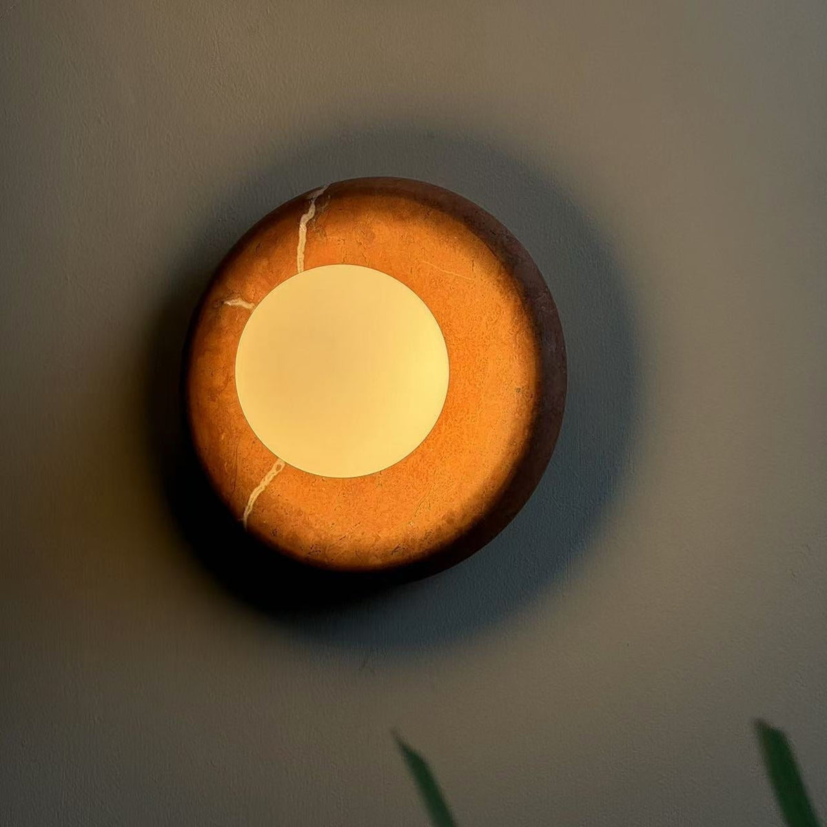 Round Glass Sconce with Natural Stone Backplate – 8-Inch Contemporary Fixture for Entryways, Bedrooms & Corridors