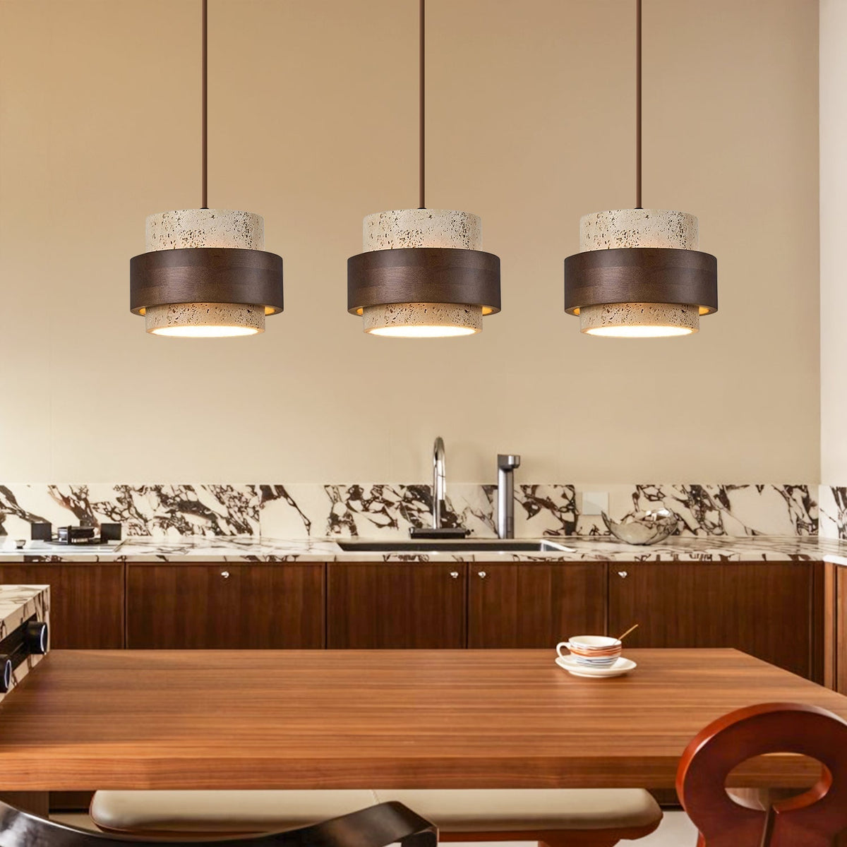 Hängeleuchte aus Naturstein mit Walnuss-Akzent & verstellbarem 150-cm-Kabel für Esstisch, Küchentheke & moderne Wohnräume | Thomler