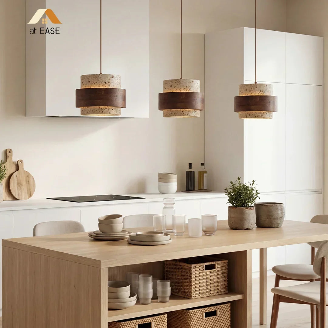 Hängeleuchte aus Naturstein mit Walnuss-Akzent & verstellbarem 150-cm-Kabel für Esstisch, Küchentheke & moderne Wohnräume | Thomler