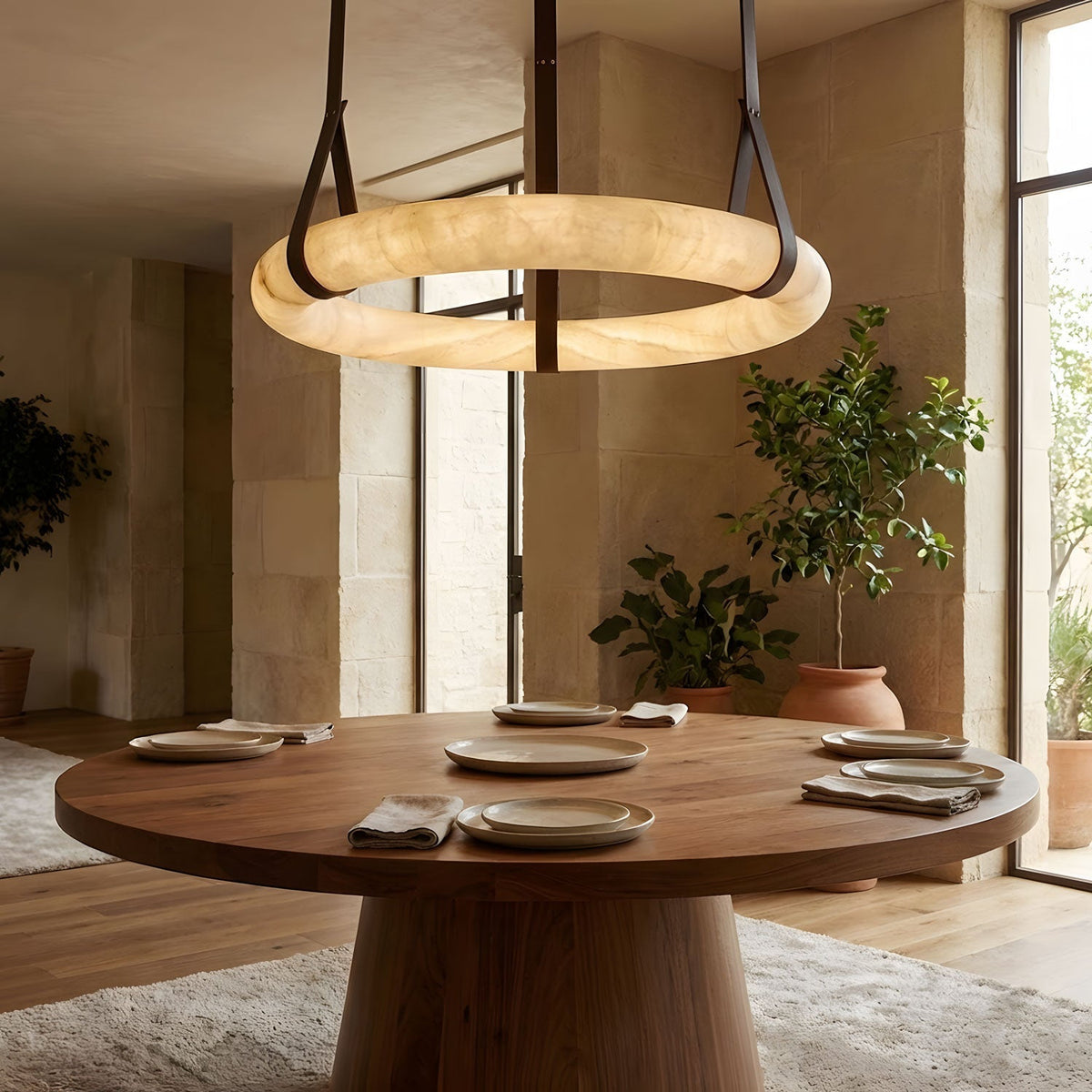 LED-Ring-Deckenleuchte aus Alabaster – Verstellbarer Halo-Kronleuchter für offene Essbereiche, große Wohnräume & Gastronomie – 120 cm Kreis-Hängeleuchte | Thomler