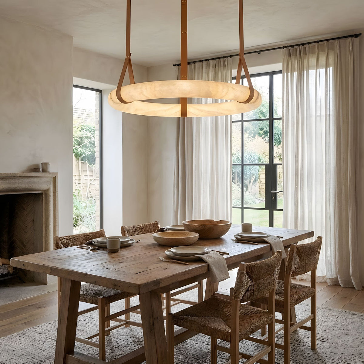 LED-Ring-Deckenleuchte aus Alabaster – Verstellbarer Halo-Kronleuchter für offene Essbereiche, große Wohnräume & Gastronomie – 120 cm Kreis-Hängeleuchte | Thomler