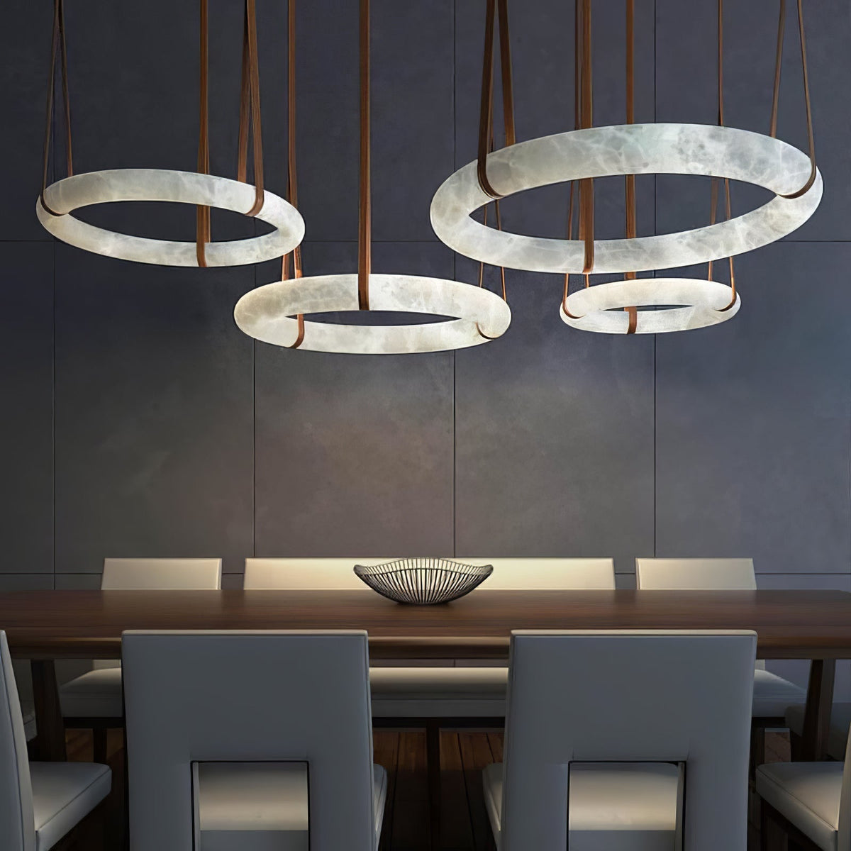 LED-Ring-Deckenleuchte aus Alabaster – Verstellbarer Halo-Kronleuchter für offene Essbereiche, große Wohnräume & Gastronomie – 120 cm Kreis-Hängeleuchte | Thomler