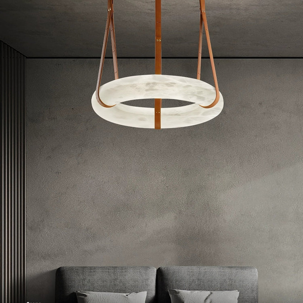 LED-Ring-Deckenleuchte aus Alabaster – Verstellbarer Halo-Kronleuchter für offene Essbereiche, große Wohnräume & Gastronomie – 120 cm Kreis-Hängeleuchte | Thomler
