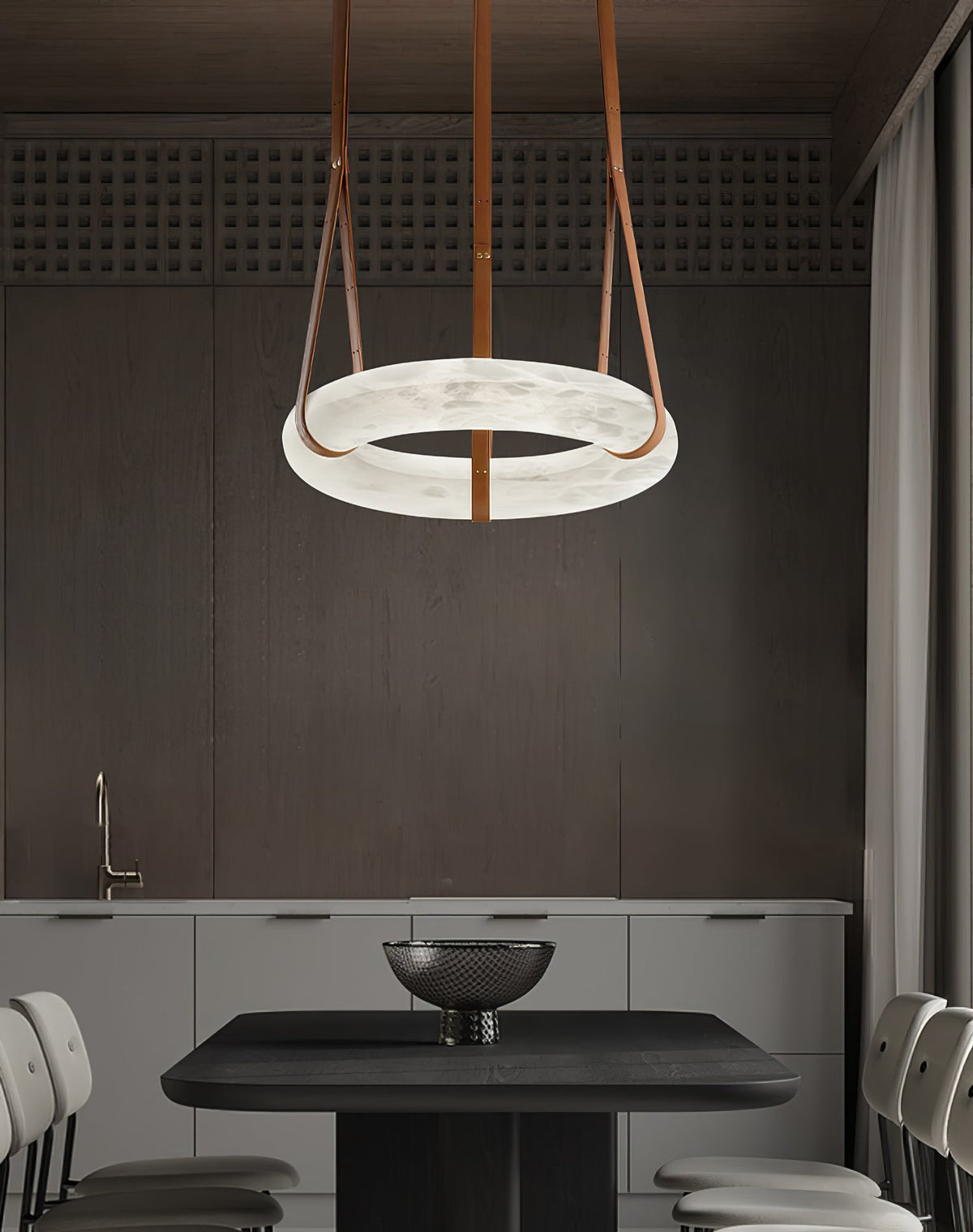 LED-Ring-Deckenleuchte aus Alabaster – Verstellbarer Halo-Kronleuchter für offene Essbereiche, große Wohnräume & Gastronomie – 120 cm Kreis-Hängeleuchte | Thomler