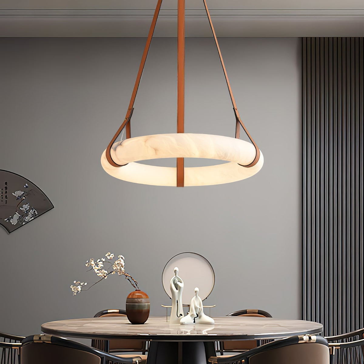 LED-Ring-Deckenleuchte aus Alabaster – Verstellbarer Halo-Kronleuchter für offene Essbereiche, große Wohnräume & Gastronomie – 120 cm Kreis-Hängeleuchte | Thomler