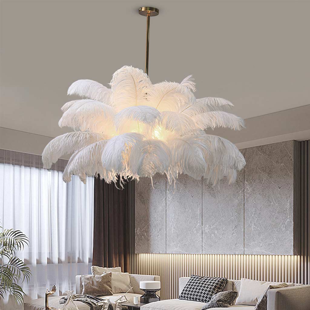 Feathered Ceiling Light White 31 in Adjustable LED Hanging Fixture for Bedroom Living Room Dining Room Statement Decor | Thomler