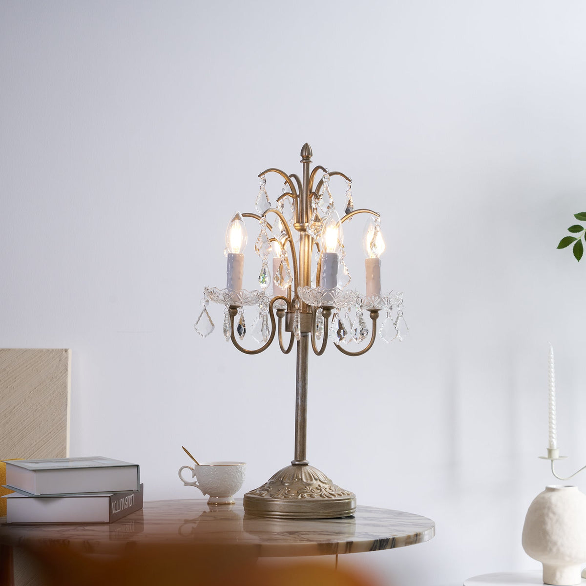 Crystal Chandelier-Style Table Lamp with Metal Frame for Bedroom & Living Room Lighting | 22 in Height Decorative Accent Light for Nightstan | Thomler