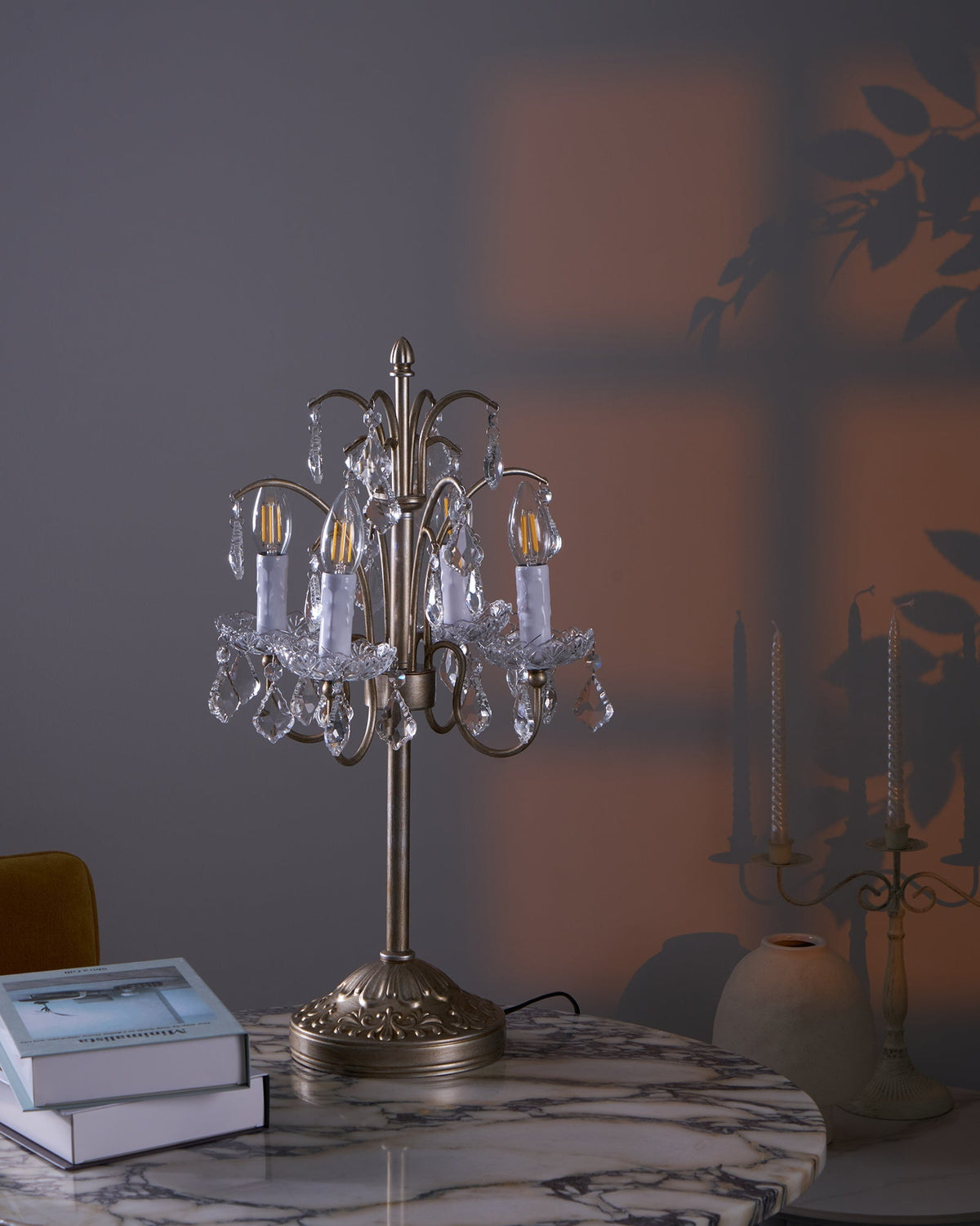 Crystal Chandelier-Style Table Lamp with Metal Frame for Bedroom & Living Room Lighting | 22 in Height Decorative Accent Light for Nightstan | Thomler