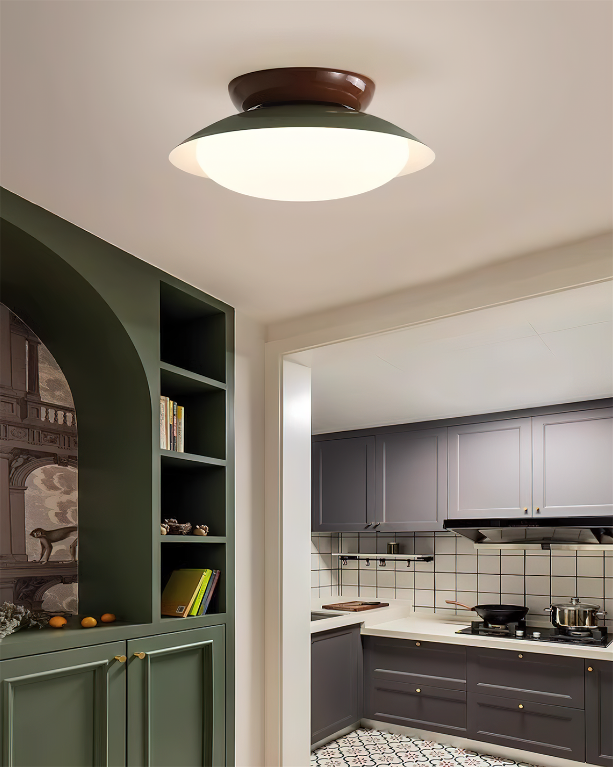 Lámpara de techo LED empotrable de 10 pulgadas con estructura metálica verde y marrón para cocina, baño o patio cubierto