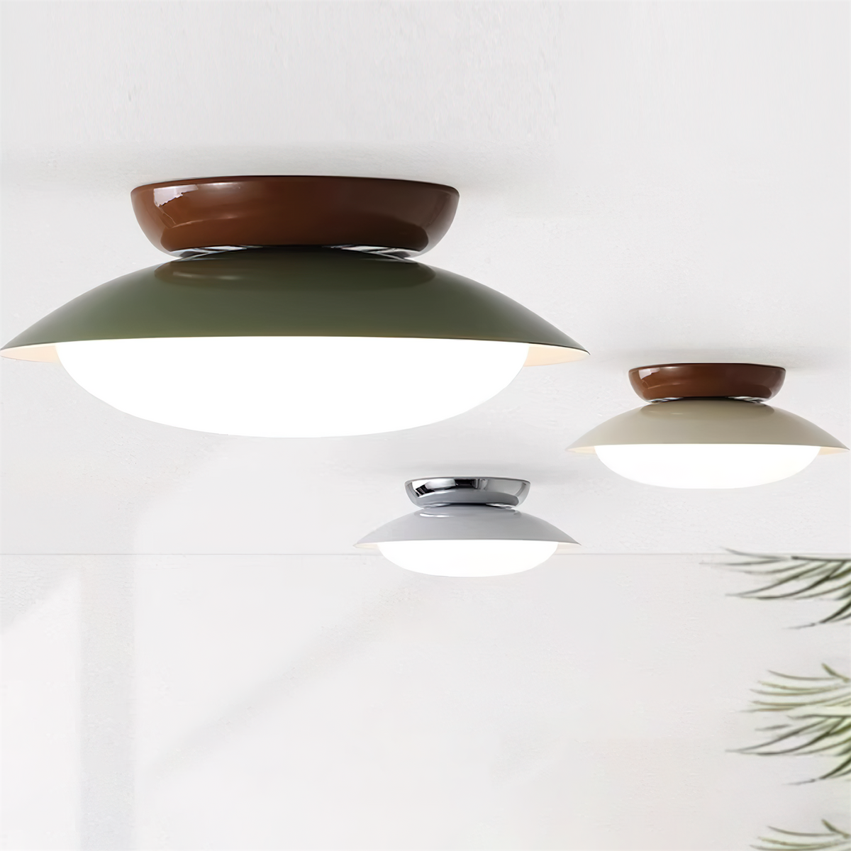 Lámpara de techo LED empotrable de 10 pulgadas con estructura metálica verde y marrón para cocina, baño o patio cubierto