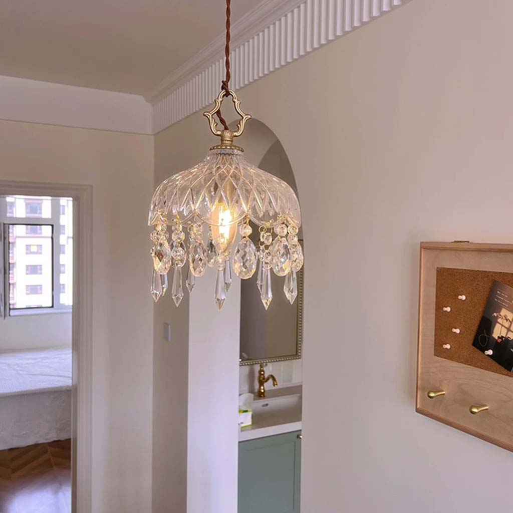 Hanging Ceiling Fixture with Textured Crystal Shade & Brass Frame for Kitchen Island, Entryway, Bedroom – Sculptural Vintage-Inspired Overhe | Thomler