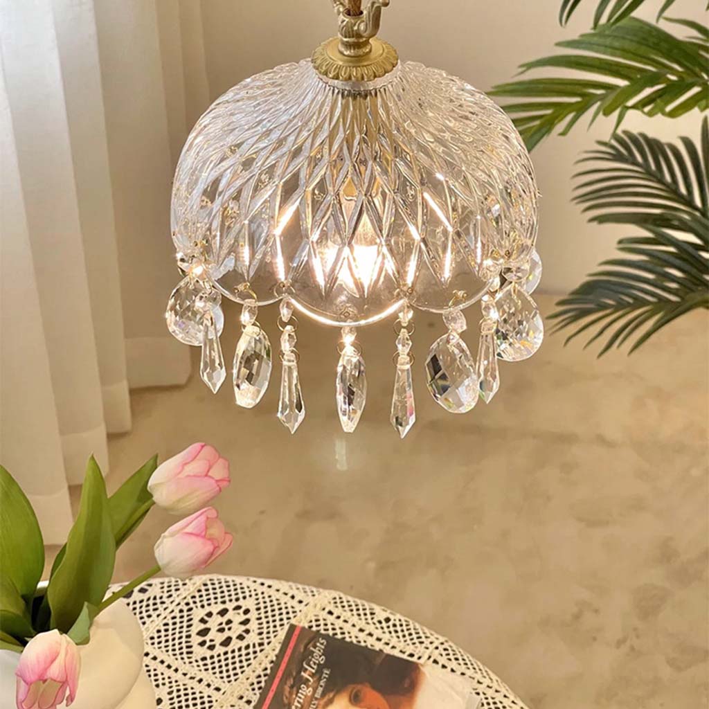Hanging Ceiling Fixture with Textured Crystal Shade & Brass Frame for Kitchen Island, Entryway, Bedroom – Sculptural Vintage-Inspired Overhe | Thomler