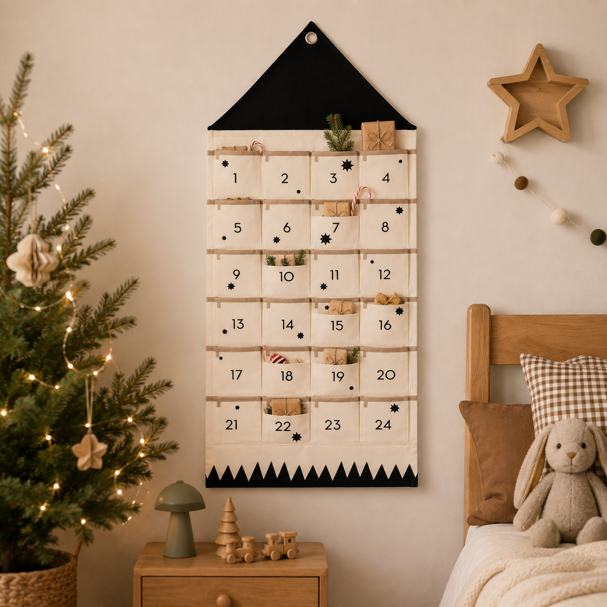 Stoff-Adventskalender mit 24 nummerierten Taschen und Wandaufhängung, Schwarz oder Rot