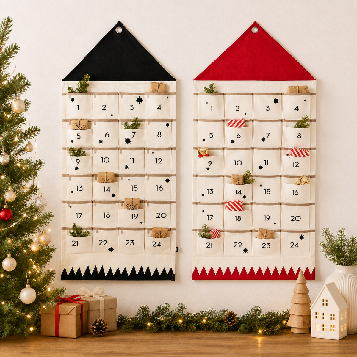Stoff-Adventskalender mit 24 nummerierten Taschen und Wandaufhängung, Schwarz oder Rot