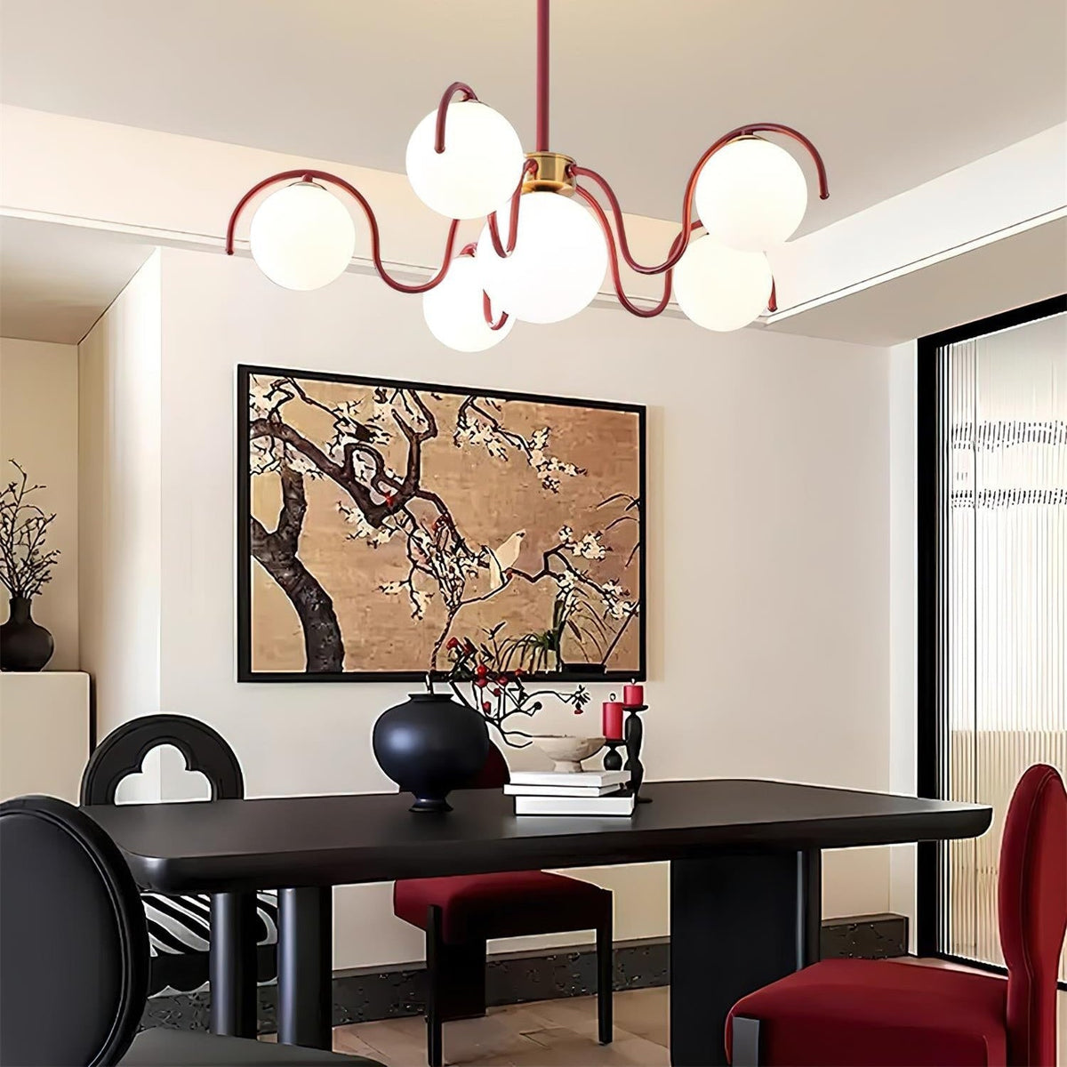 Glazen plafondlamp met meerdere armen, 30 inch breedte, rode metalen kroonluchter voor kookeiland, moderne takvormige hanglamp voor boven de eettafel, voor binnengebruik | Thomler