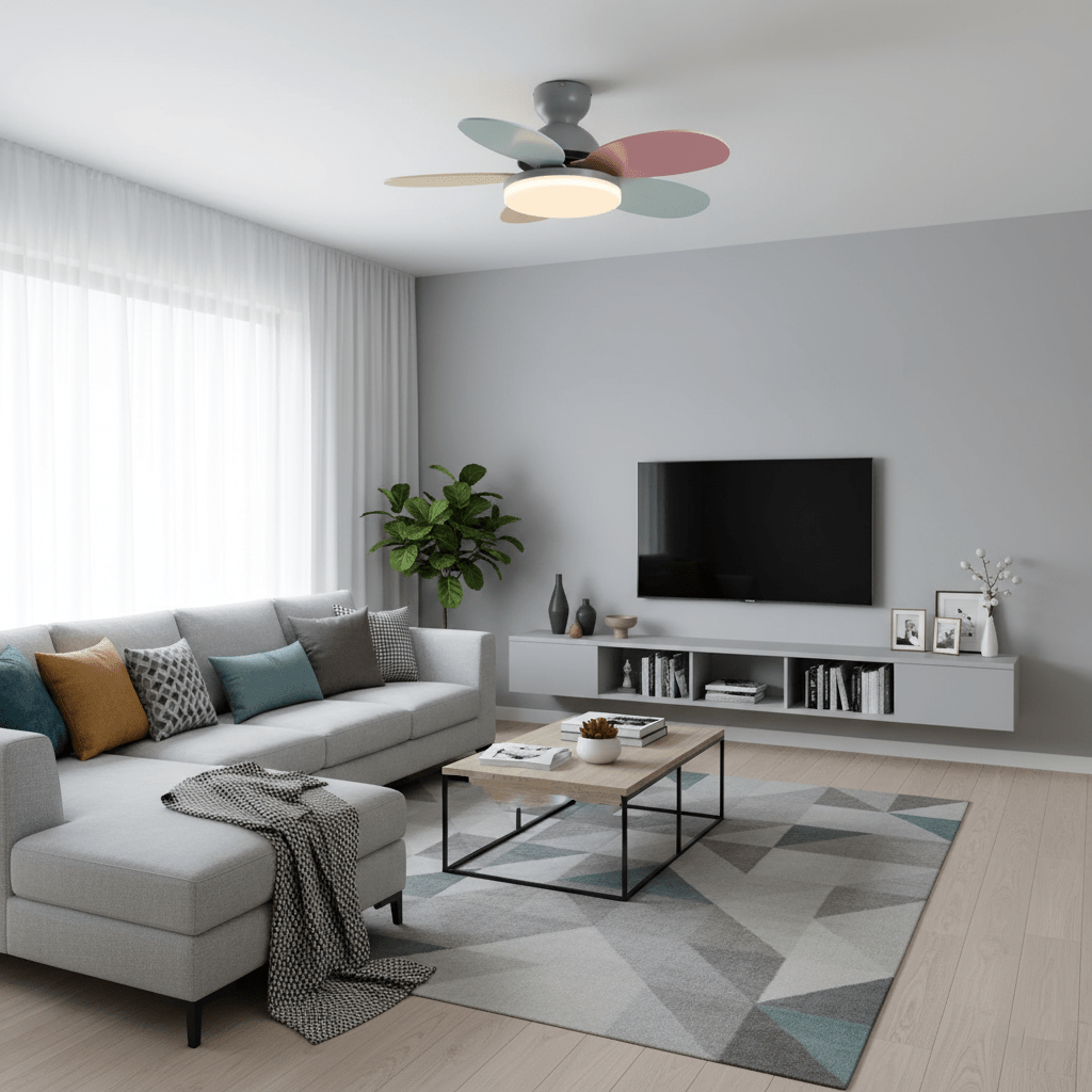 Ventilador de techo para interiores con luz LED, 35 pulgadas, aspas de madera con diseño curvo, 6 velocidades, control remoto, motor de CC para sala de estar, dormitorio, comedor, gris