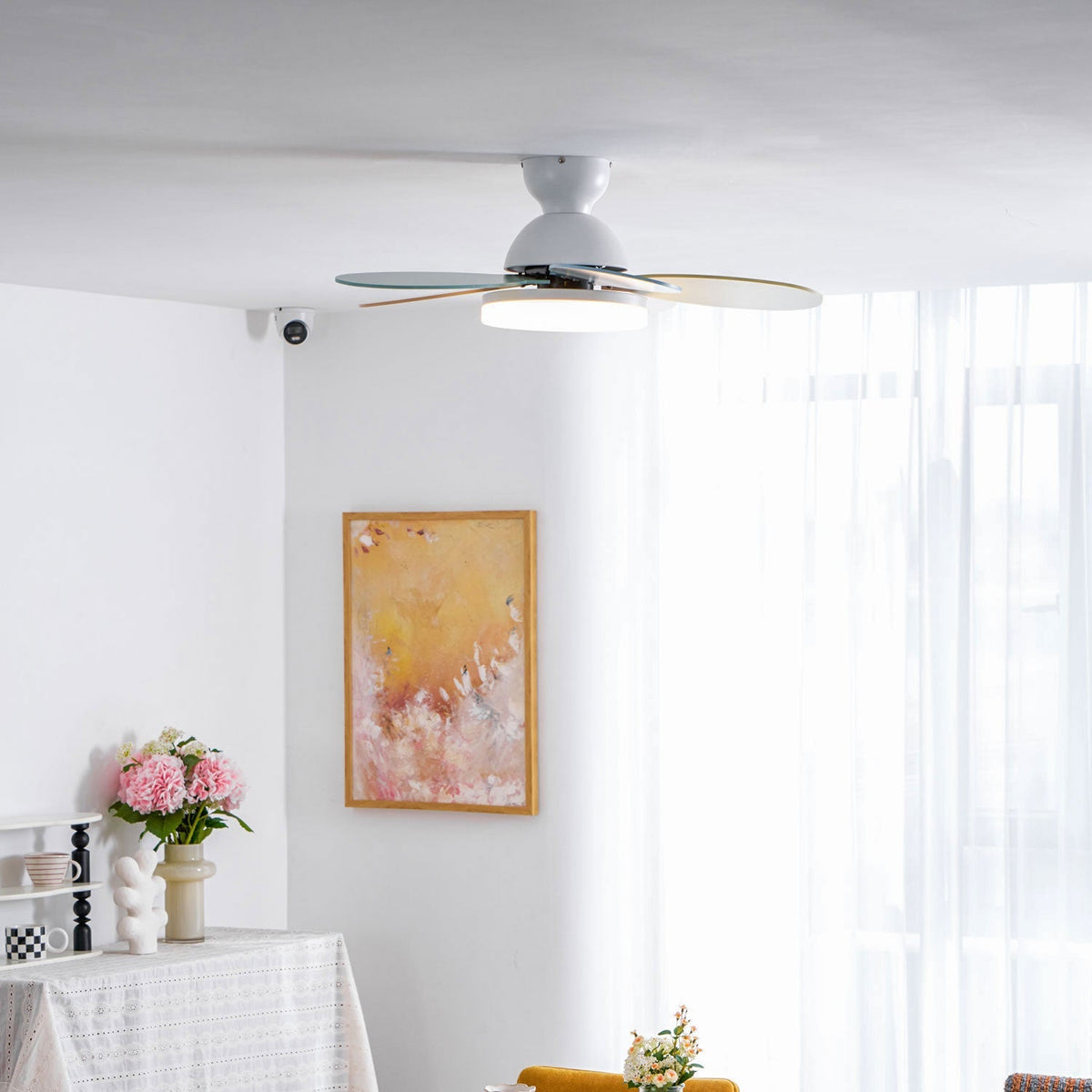 Ventilador de techo para interiores con luz LED, 35 pulgadas, aspas de madera con diseño curvo, 6 velocidades, control remoto, motor de CC para sala de estar, dormitorio, comedor, gris