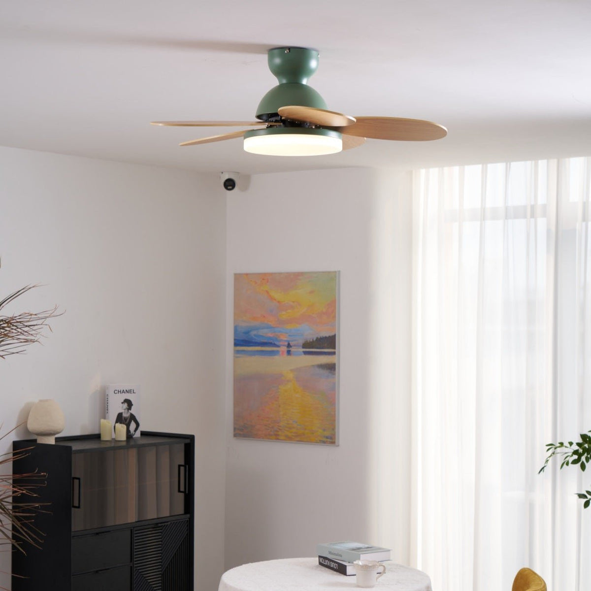 Ventilador de techo para interiores con luz LED, 35 pulgadas, aspas de madera con diseño curvo, 6 velocidades, control remoto, motor de CC para sala de estar, dormitorio, comedor, gris