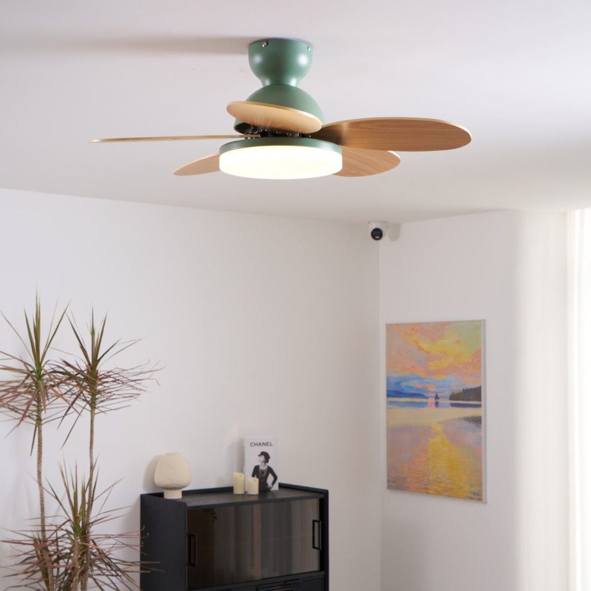 Ventilador de techo para interiores con luz LED, 35 pulgadas, aspas de madera con diseño curvo, 6 velocidades, control remoto, motor de CC para sala de estar, dormitorio, comedor, gris