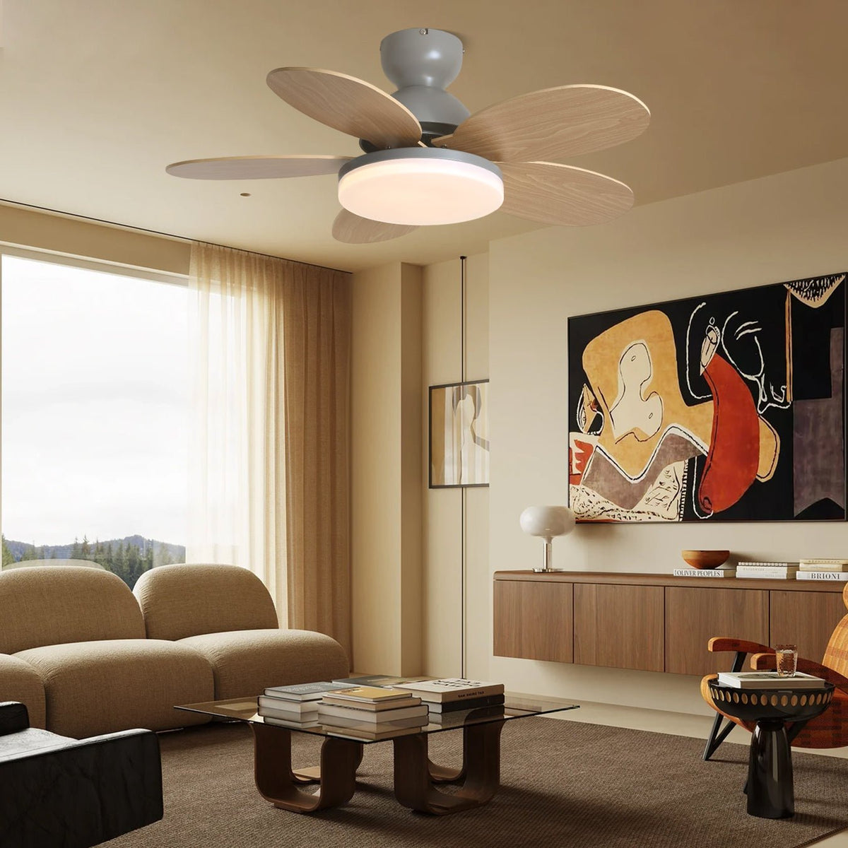 Ventilador de techo para interiores con luz LED, 35 pulgadas, aspas de madera con diseño curvo, 6 velocidades, control remoto, motor de CC para sala de estar, dormitorio, comedor, gris
