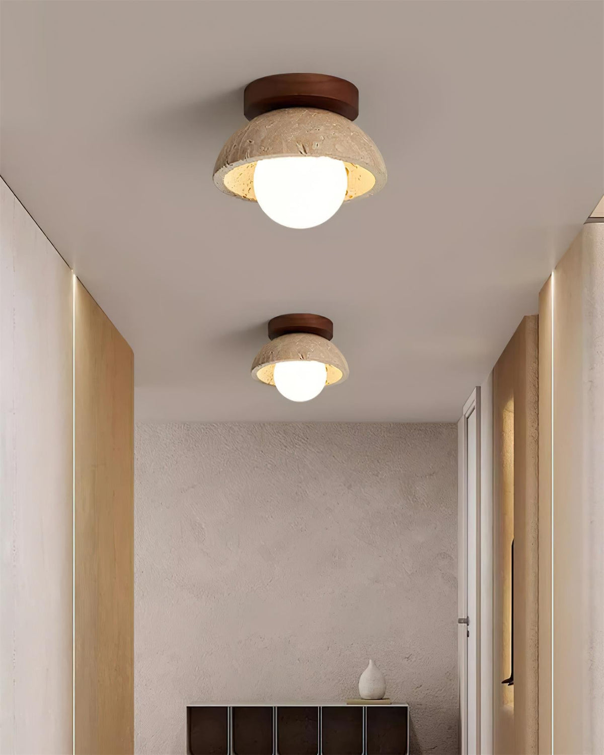 Travertine Stone Flush Mount Light 5.9 in Diameter White Natural Wood Wall or Ceiling Fixture G9 Base Opal Glass Diffuser for Bathroom Bedro | Thomler