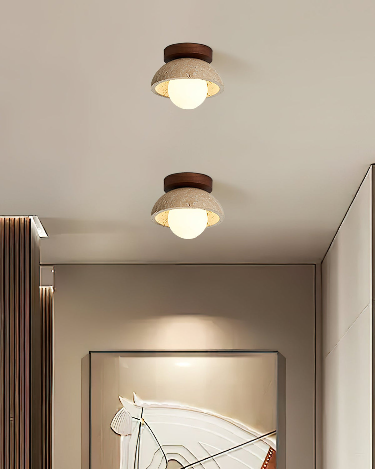 Travertine Stone Flush Mount Light 5.9 in Diameter White Natural Wood Wall or Ceiling Fixture G9 Base Opal Glass Diffuser for Bathroom Bedro | Thomler