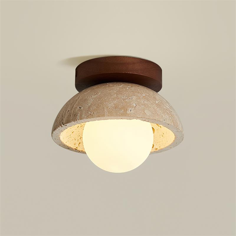 Travertine Stone Flush Mount Light 5.9 in Diameter White Natural Wood Wall or Ceiling Fixture G9 Base Opal Glass Diffuser for Bathroom Bedro | Thomler