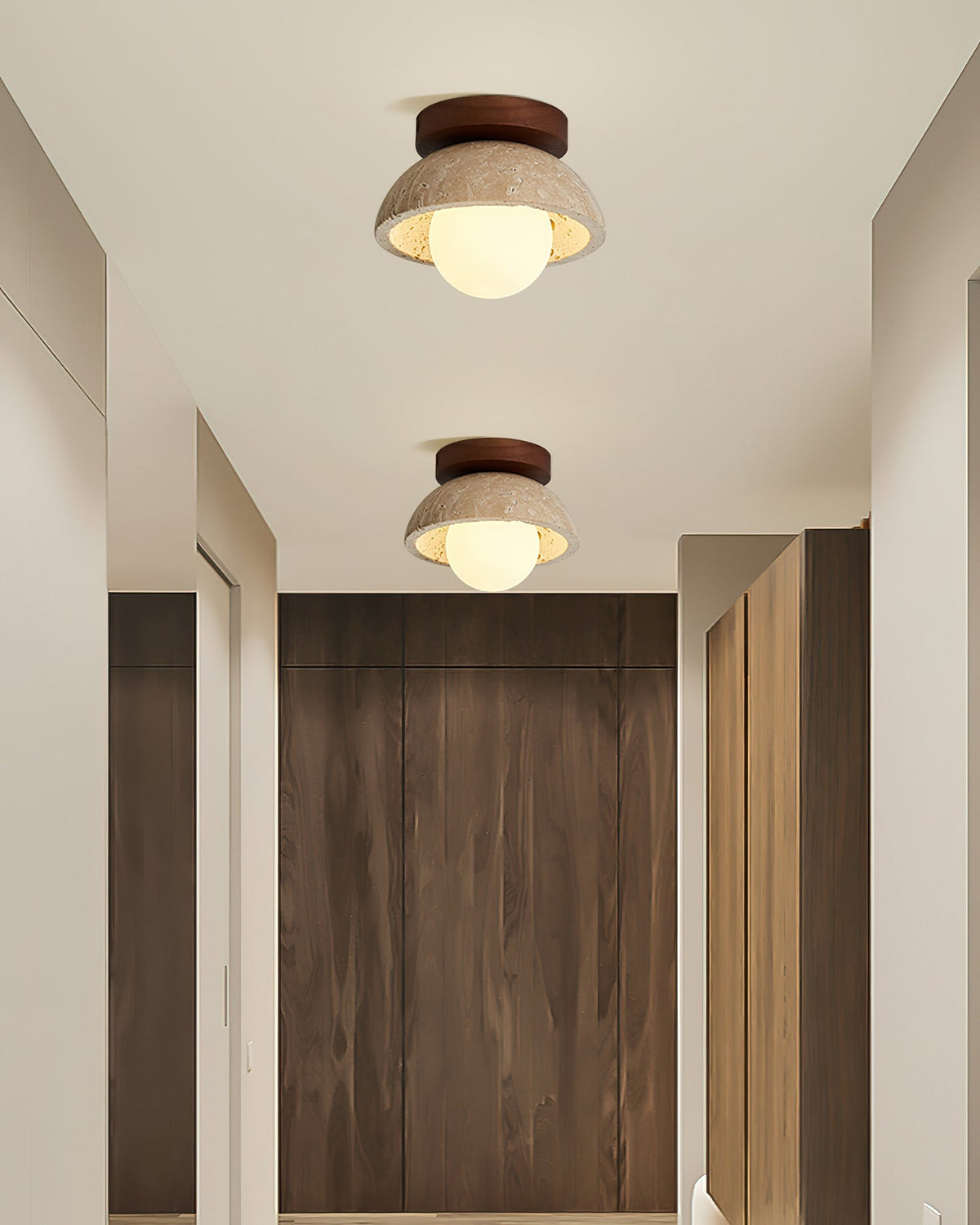 Travertine Stone Flush Mount Light 5.9 in Diameter White Natural Wood Wall or Ceiling Fixture G9 Base Opal Glass Diffuser for Bathroom Bedro | Thomler