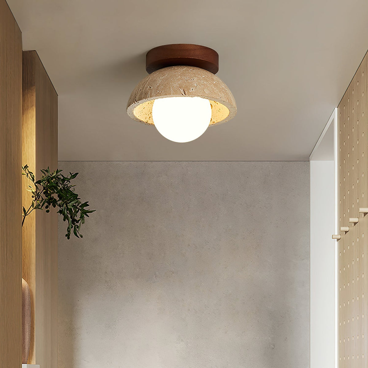 Travertine Stone Flush Mount Light 5.9 in Diameter White Natural Wood Wall or Ceiling Fixture G9 Base Opal Glass Diffuser for Bathroom Bedro | Thomler