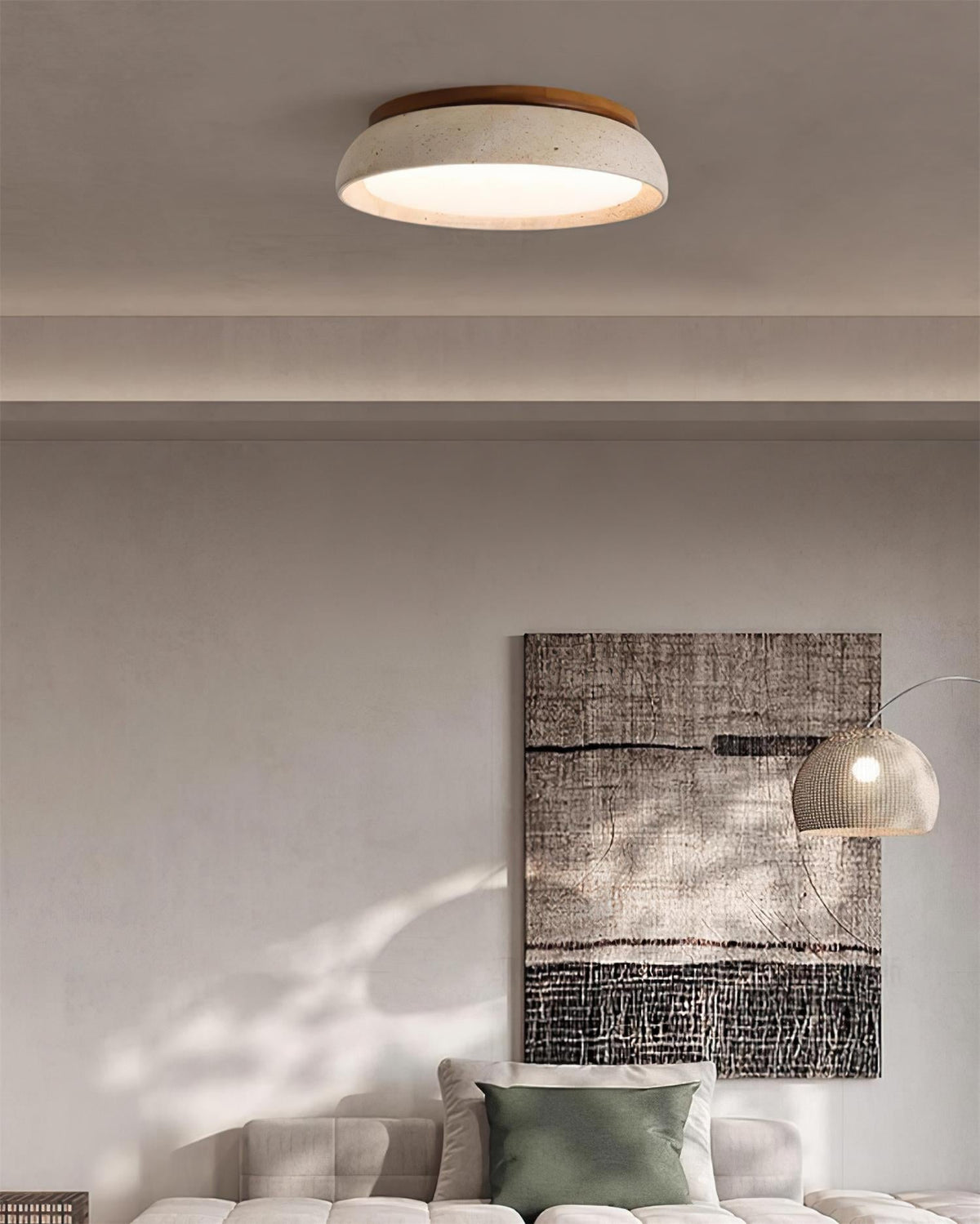 Stone Flush Mount Light Fixture 12 Inch Natural Travertine LED Overhead for Bedroom Hallway Bathroom Minimalist Round Warm Glow Wall or Ceil | Thomler