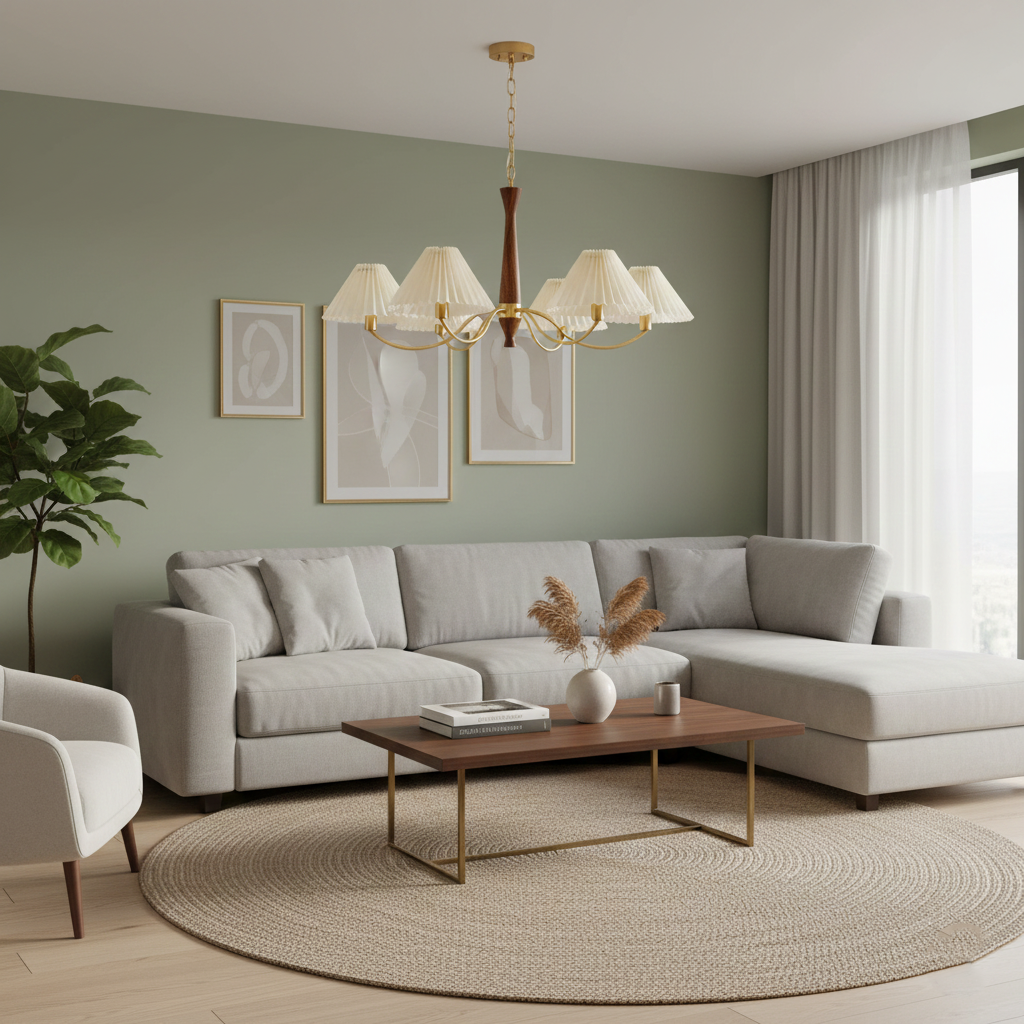 Overheadstoffen kaparmatuur met gebogen armen voor eettafels & open keukens – Essenhout & ijzeren frame met verstelbare ketting in beige | Thomler