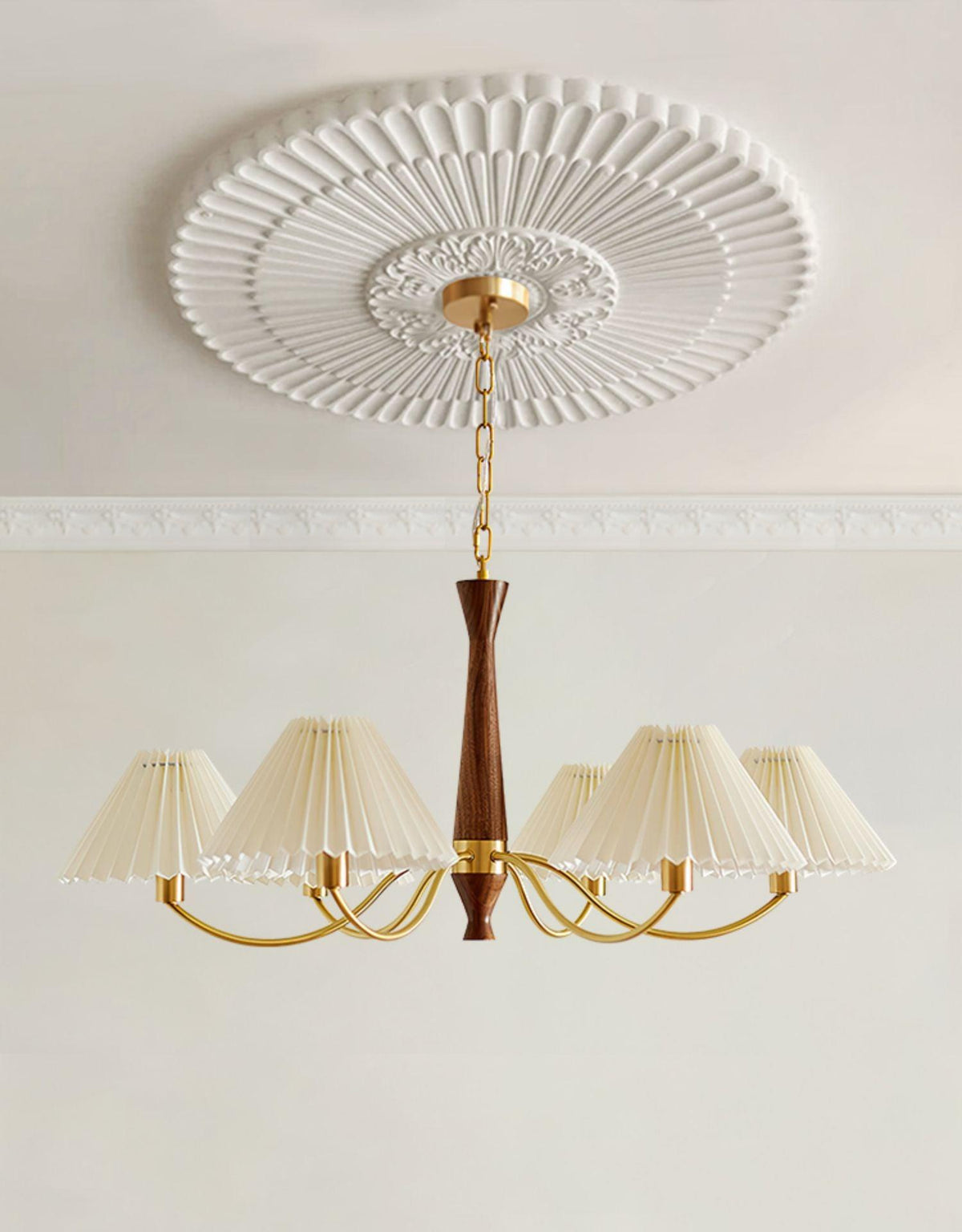 Overheadstoffen kaparmatuur met gebogen armen voor eettafels & open keukens – Essenhout & ijzeren frame met verstelbare ketting in beige | Thomler