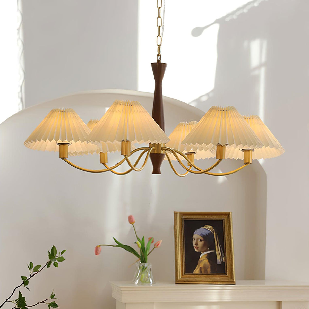 Overheadstoffen kaparmatuur met gebogen armen voor eettafels & open keukens – Essenhout & ijzeren frame met verstelbare ketting in beige | Thomler