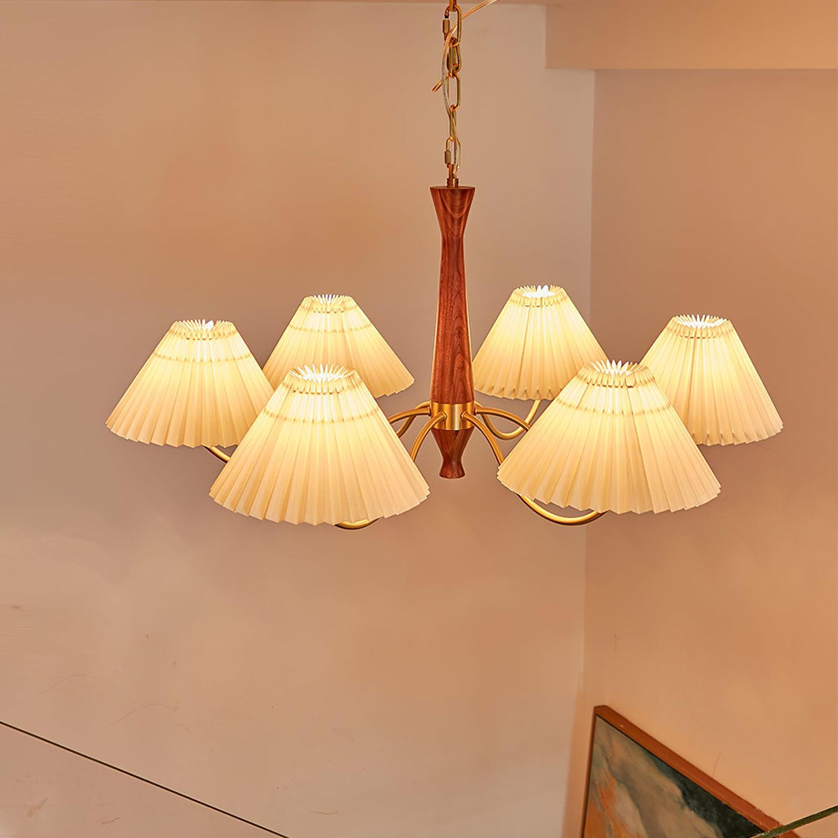 Overheadstoffen kaparmatuur met gebogen armen voor eettafels & open keukens – Essenhout & ijzeren frame met verstelbare ketting in beige | Thomler
