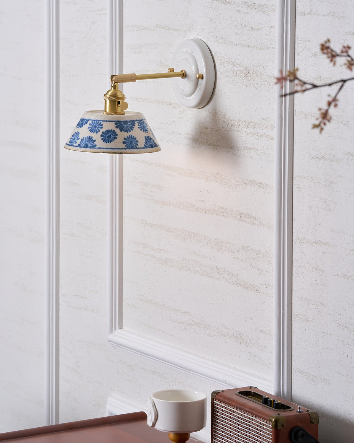 Ceramic Sconce with Brass Hardware in Blue & White – Hardwired E26 Socket for Bathroom, Bedroom & Hallway Accent Lighting | Thomler
