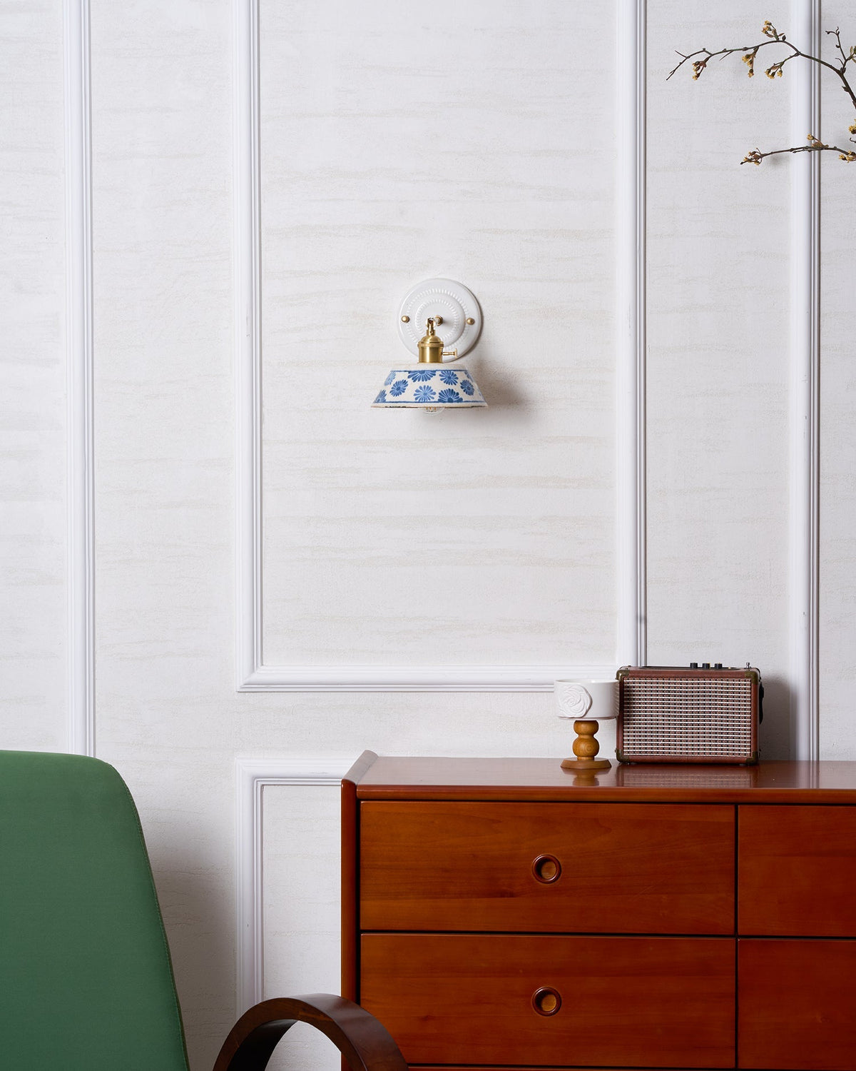 Ceramic Sconce with Brass Hardware in Blue & White – Hardwired E26 Socket for Bathroom, Bedroom & Hallway Accent Lighting | Thomler