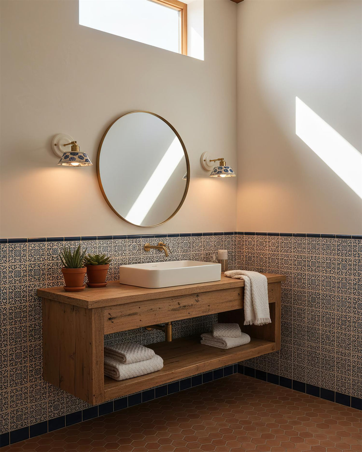 Ceramic Sconce with Brass Hardware in Blue & White – Hardwired E26 Socket for Bathroom, Bedroom & Hallway Accent Lighting | Thomler