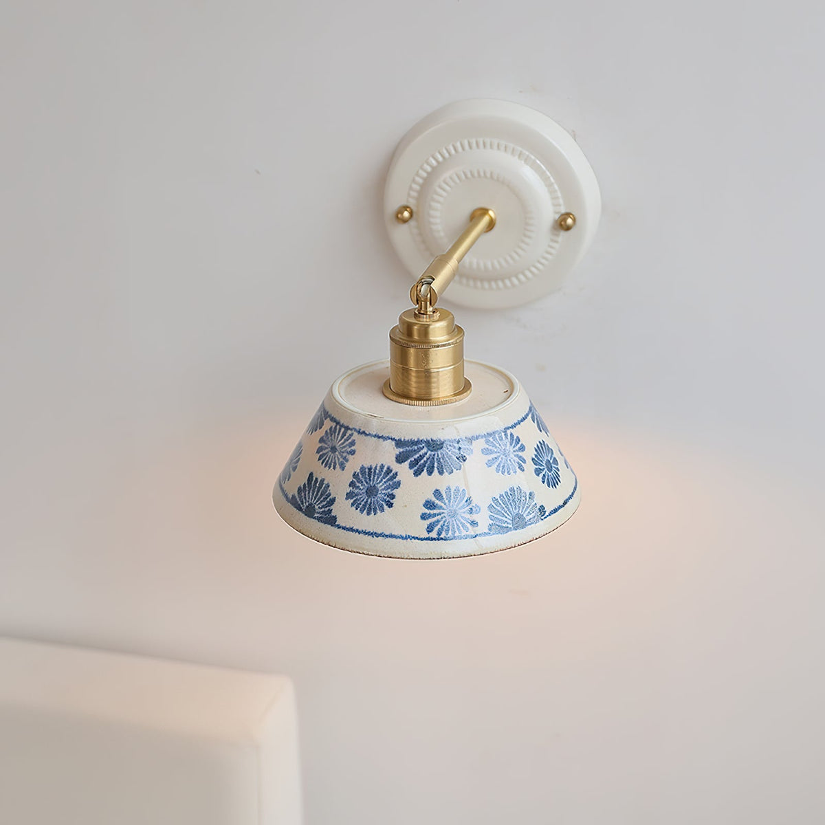 Ceramic Sconce with Brass Hardware in Blue & White – Hardwired E26 Socket for Bathroom, Bedroom & Hallway Accent Lighting | Thomler