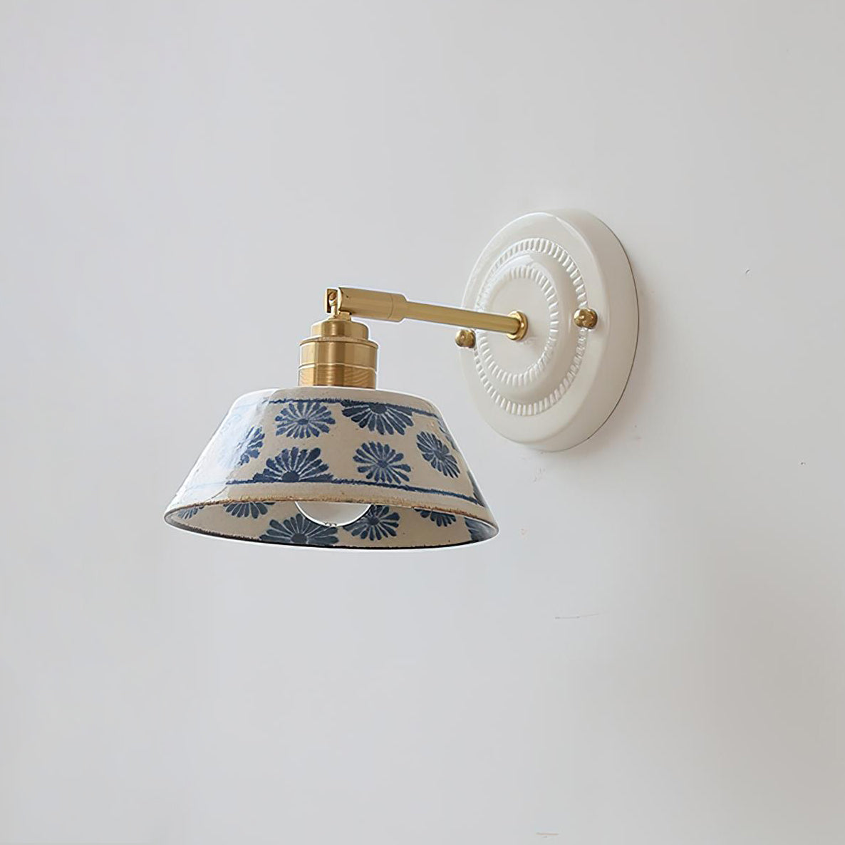 Ceramic Sconce with Brass Hardware in Blue & White – Hardwired E26 Socket for Bathroom, Bedroom & Hallway Accent Lighting | Thomler