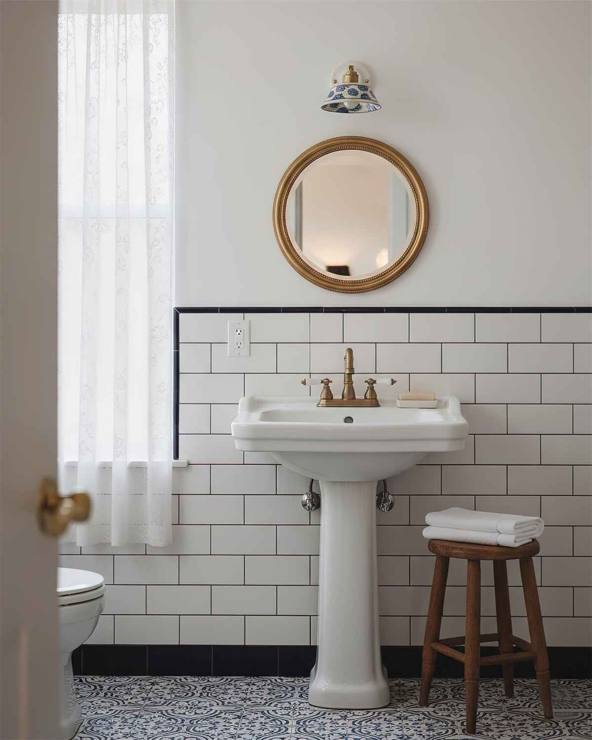 Ceramic Sconce with Brass Hardware in Blue & White – Hardwired E26 Socket for Bathroom, Bedroom & Hallway Accent Lighting | Thomler